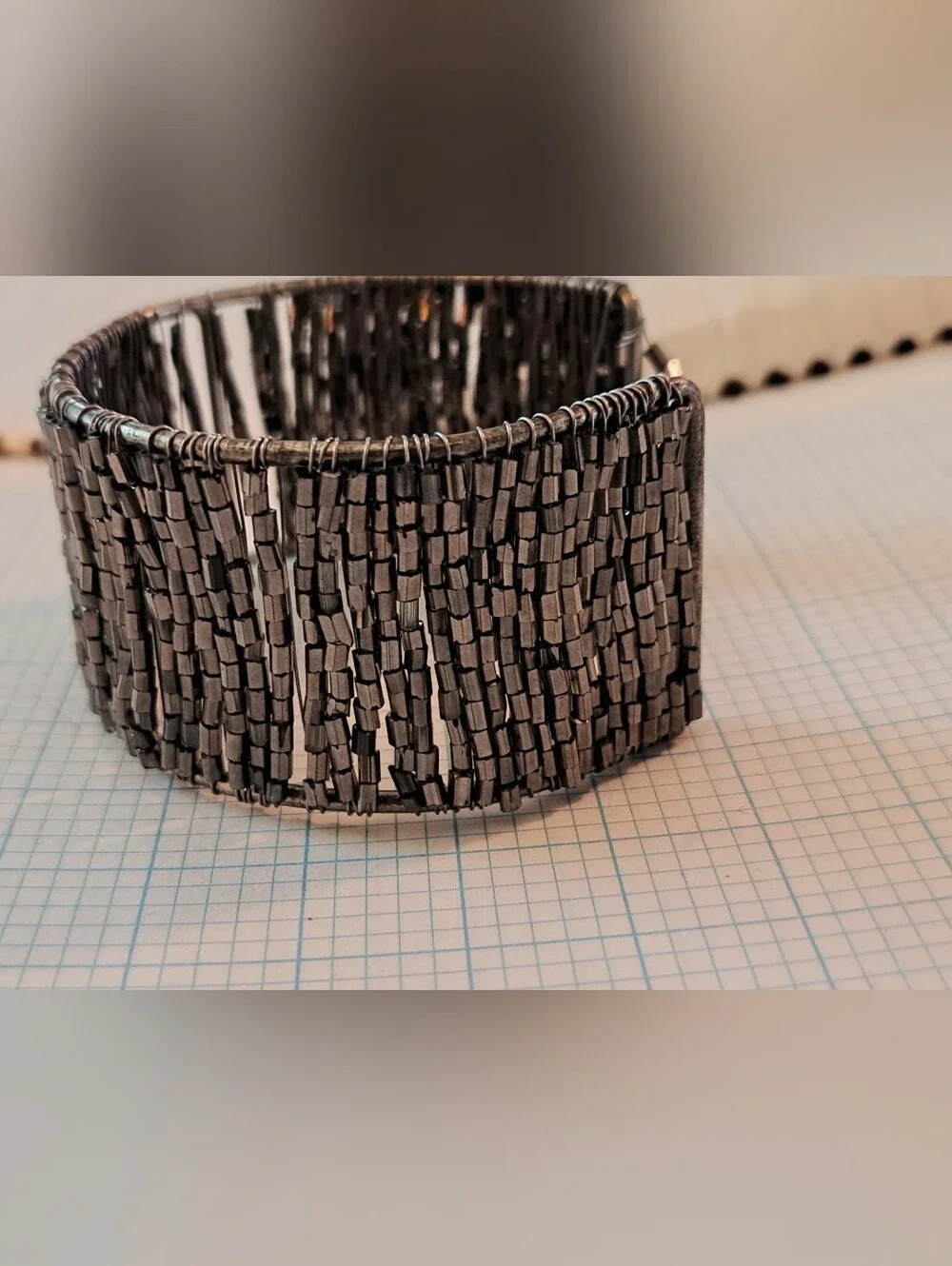 Gunmetal Gold Beaded Cuff Bracelet - Metallic Grey Statement Bracelet